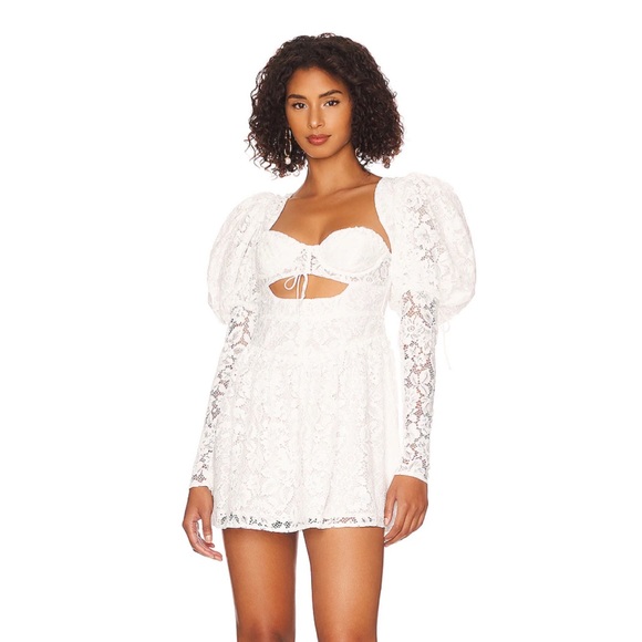 For Love & Lemons Frances Puff Sleeve Mini Dress in White, Size Small - Picture 1 of 4